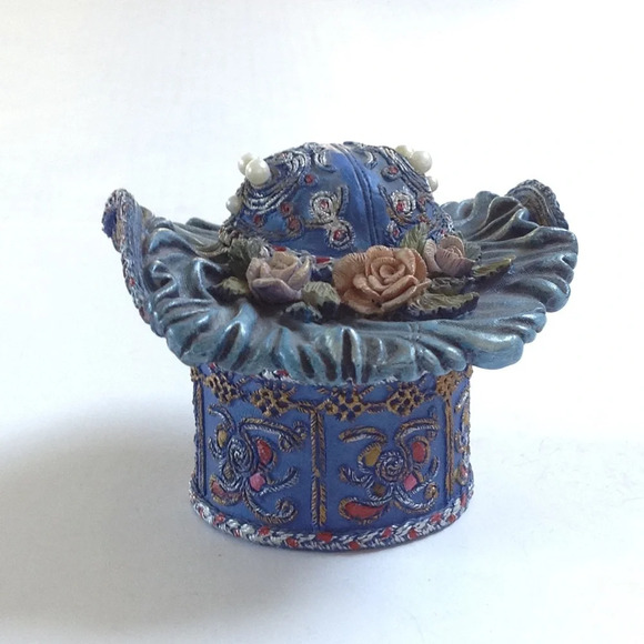 Trinket Box Hat Adorned Pearl Floral Feather Jewelry Box Home Decor Blue - Picture 7 of 8